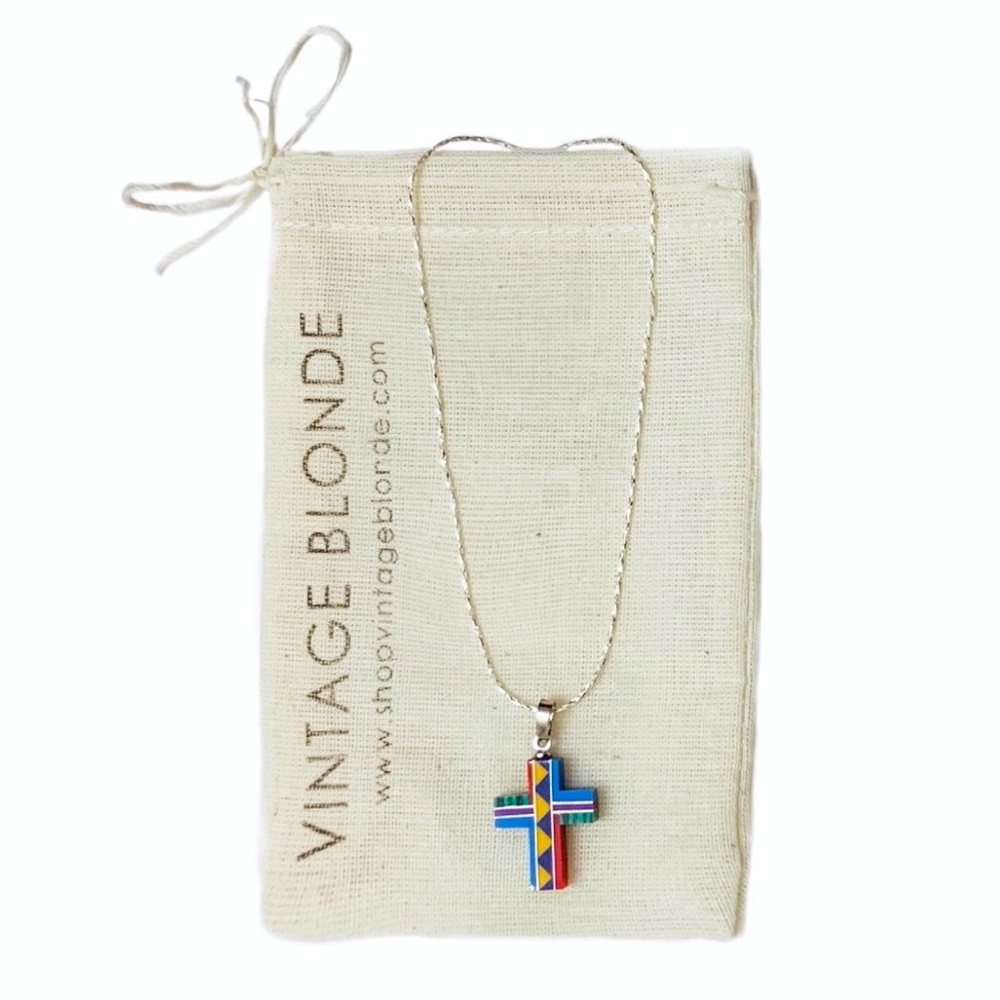Multi Color Aztec Stone Inlay Boho Cross Necklace